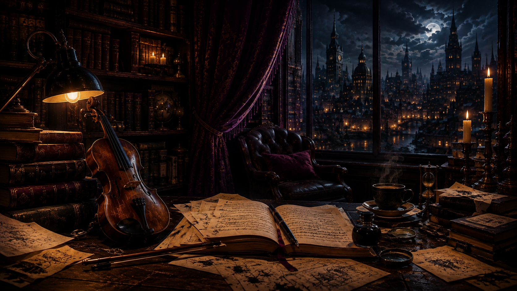 A moody cinematic interior filled with books, warm light and musical details