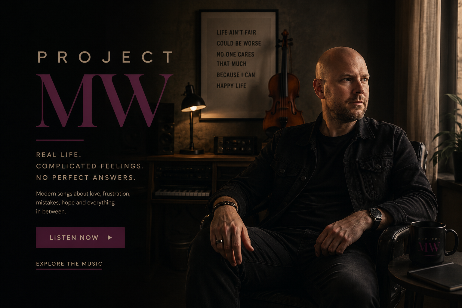 Project MW in a warmly lit studio surrounded by instruments and music equipment